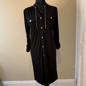 Michael Kors Black Silver Chain Lace Up Shift Roll Tab Sleeve Dress XS *READ